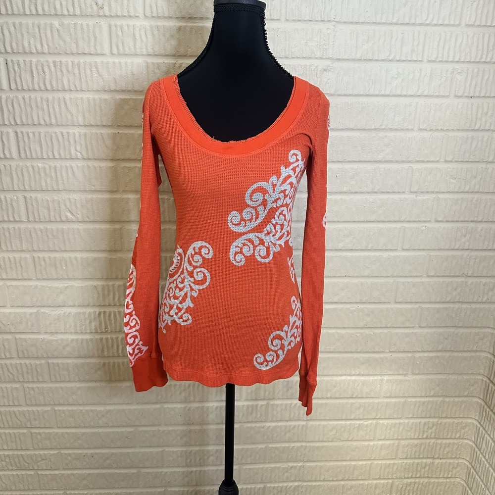 Free People Long Sleeve Shirt Sz M Orange Y2K Boho Scoop Neck Grunge Goth Tunic